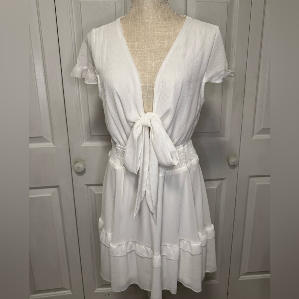 Tie-Front Mini Dress with Smocked Waist L - Picture 4 of 10